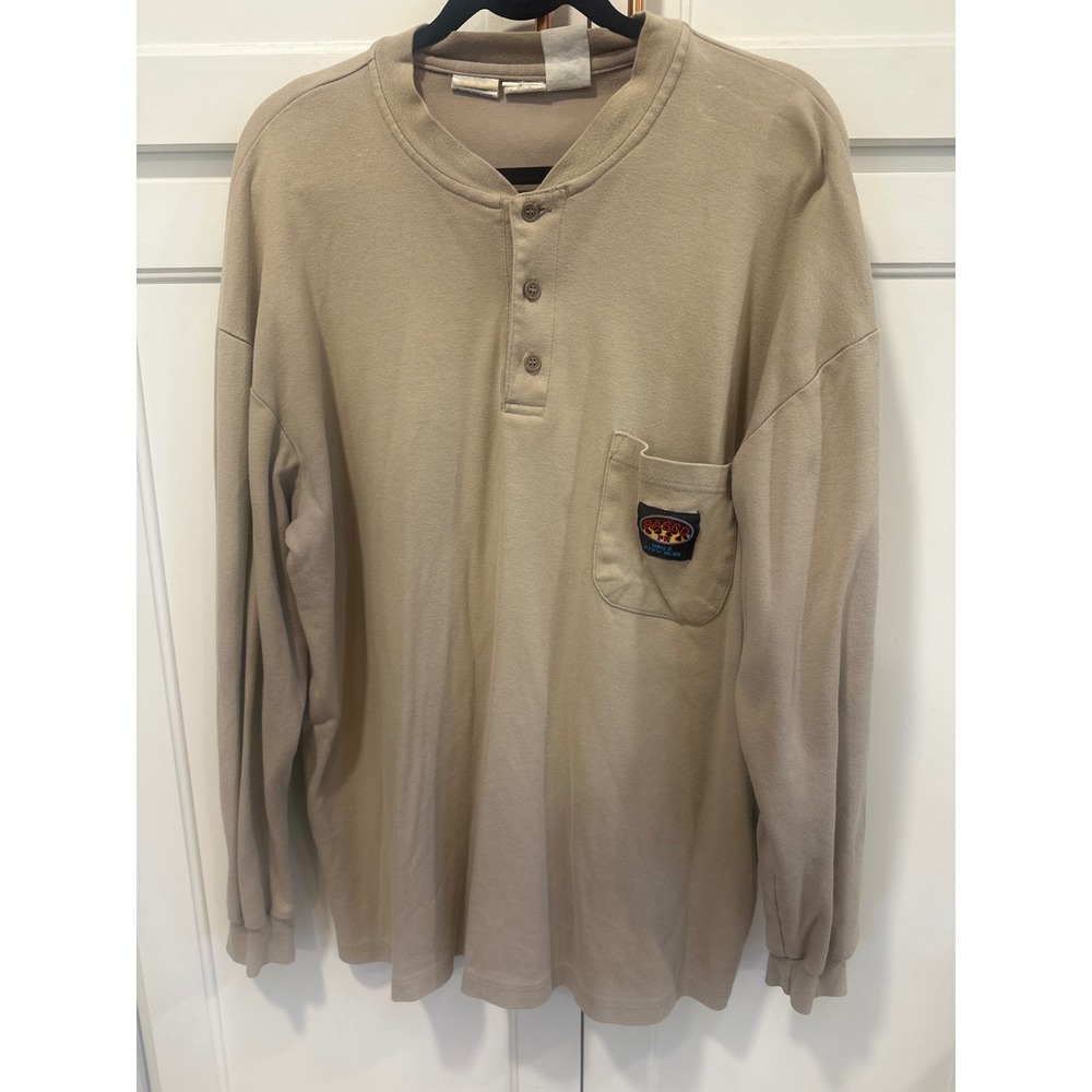 Rasco FR Men Khaki Flame Retardant Long Sleeve Henley Pocket T-Shirt HRC 2 3X